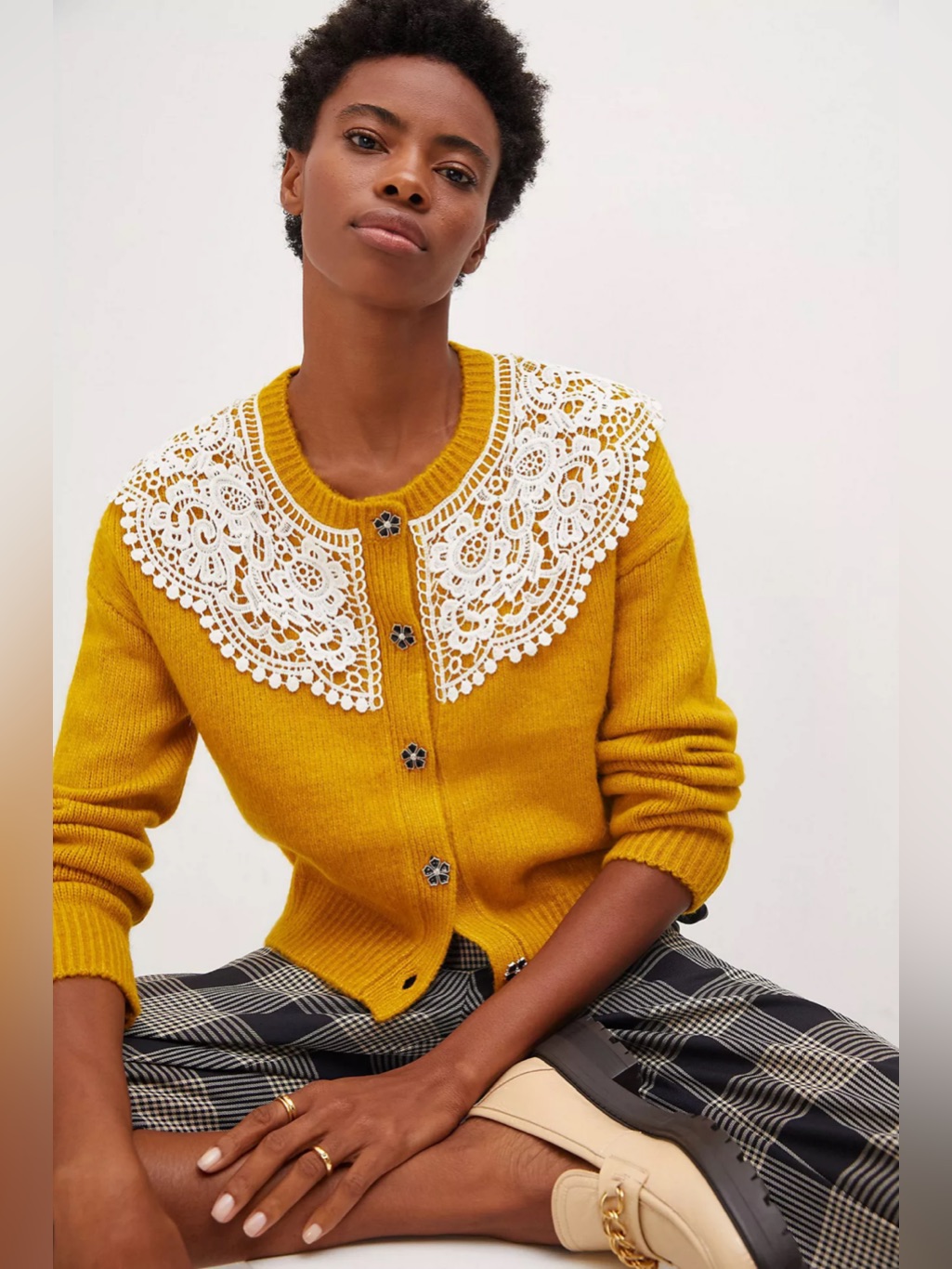 Anthro Maeve Lace Collar Mustard Yellow Granny Cardigan Size Small